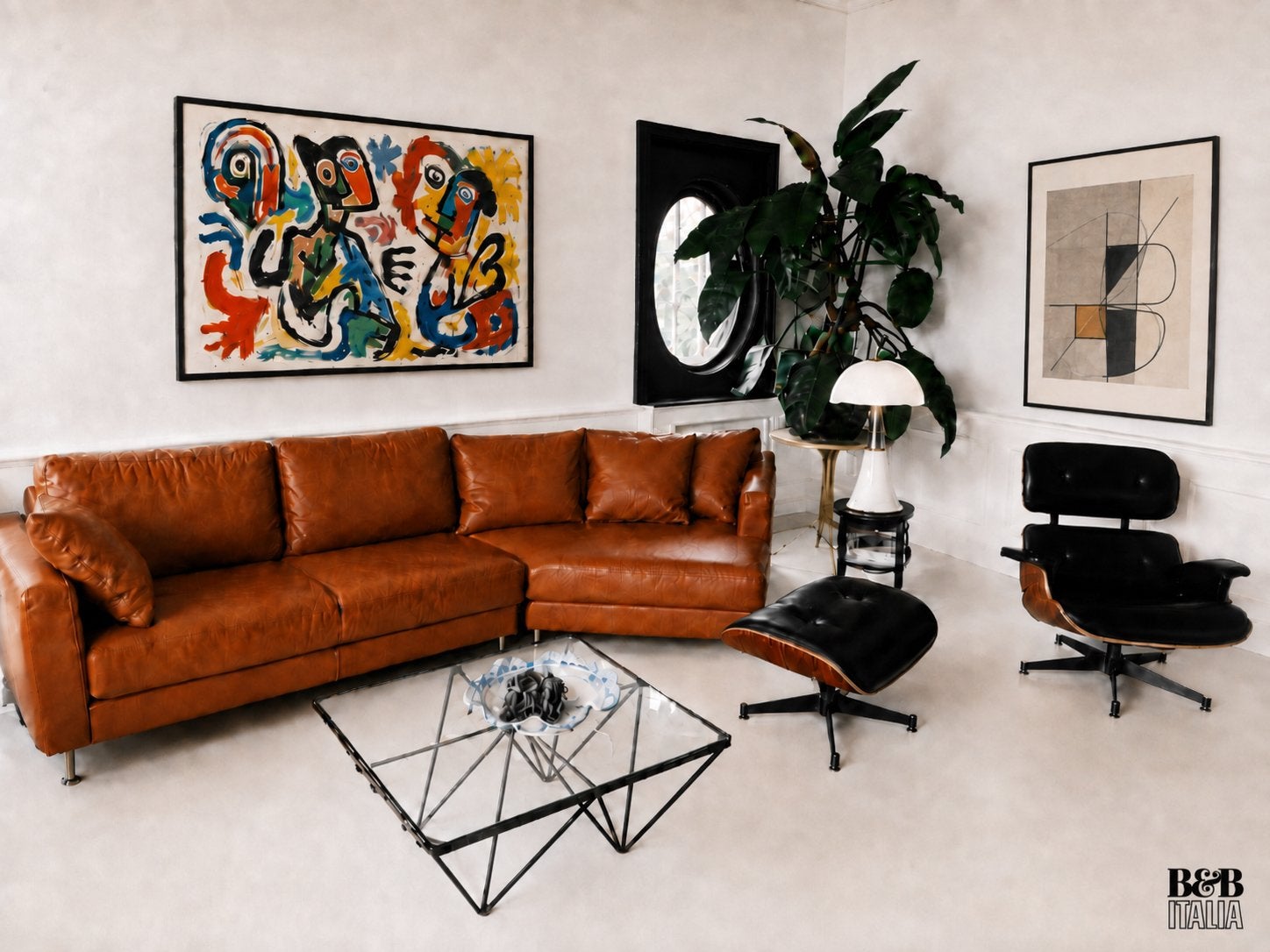 Vintage B&B Italia Bank - Cognac Leer, Gebruikt, 100 tot 125 cm, Hoekbank, 300 cm of meer