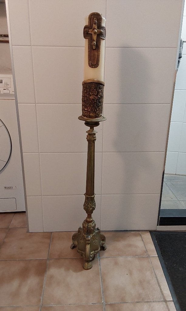 grote koperen kerkkandelaar met kaars, Antiek en Kunst, Ophalen of Verzenden, Koper of Brons