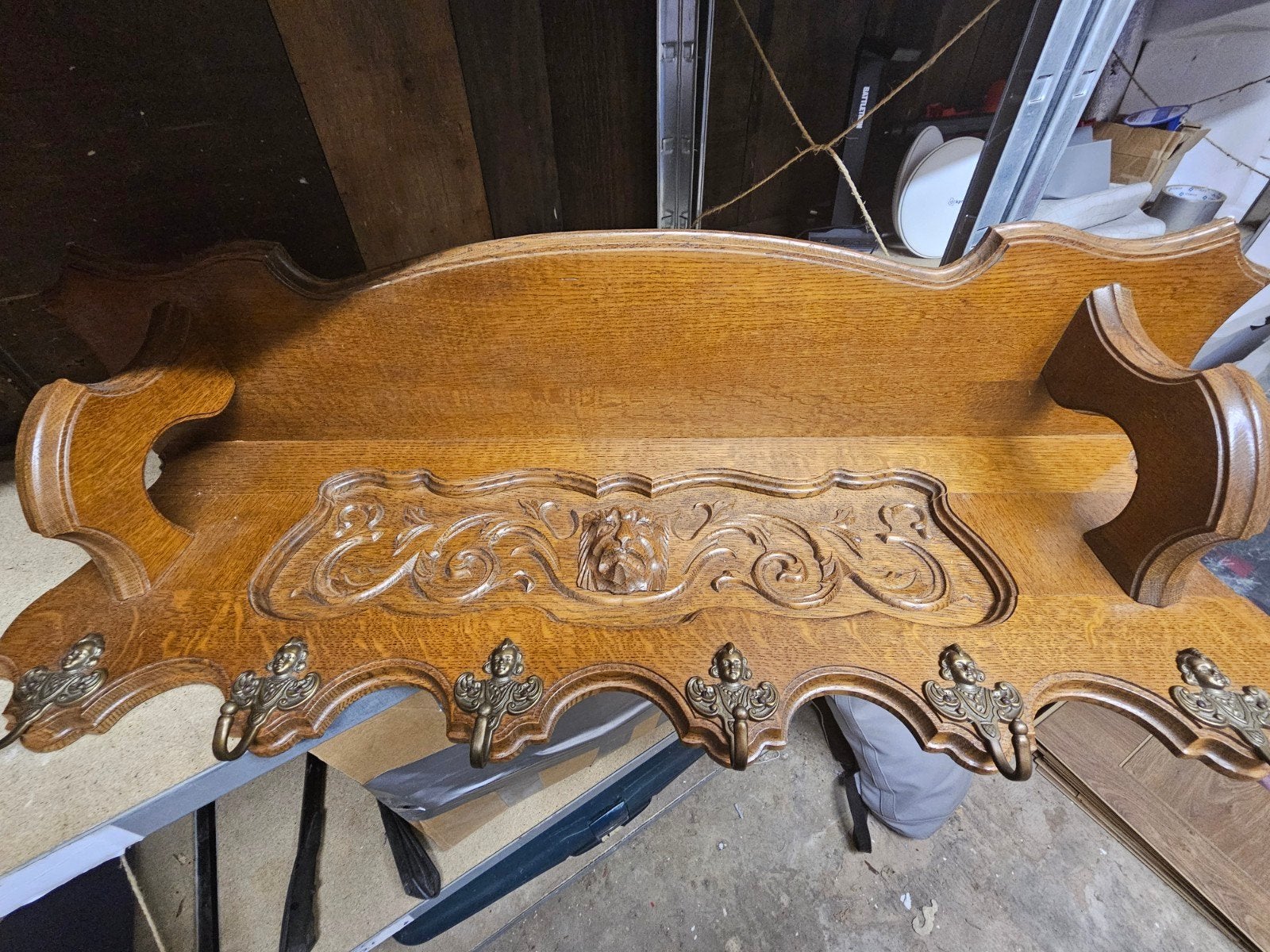 Vintage Eiken Wandkapstok met Hoedenplank en Messing Haken, Ophalen, Gebruikt, Hout, Wandkapstok