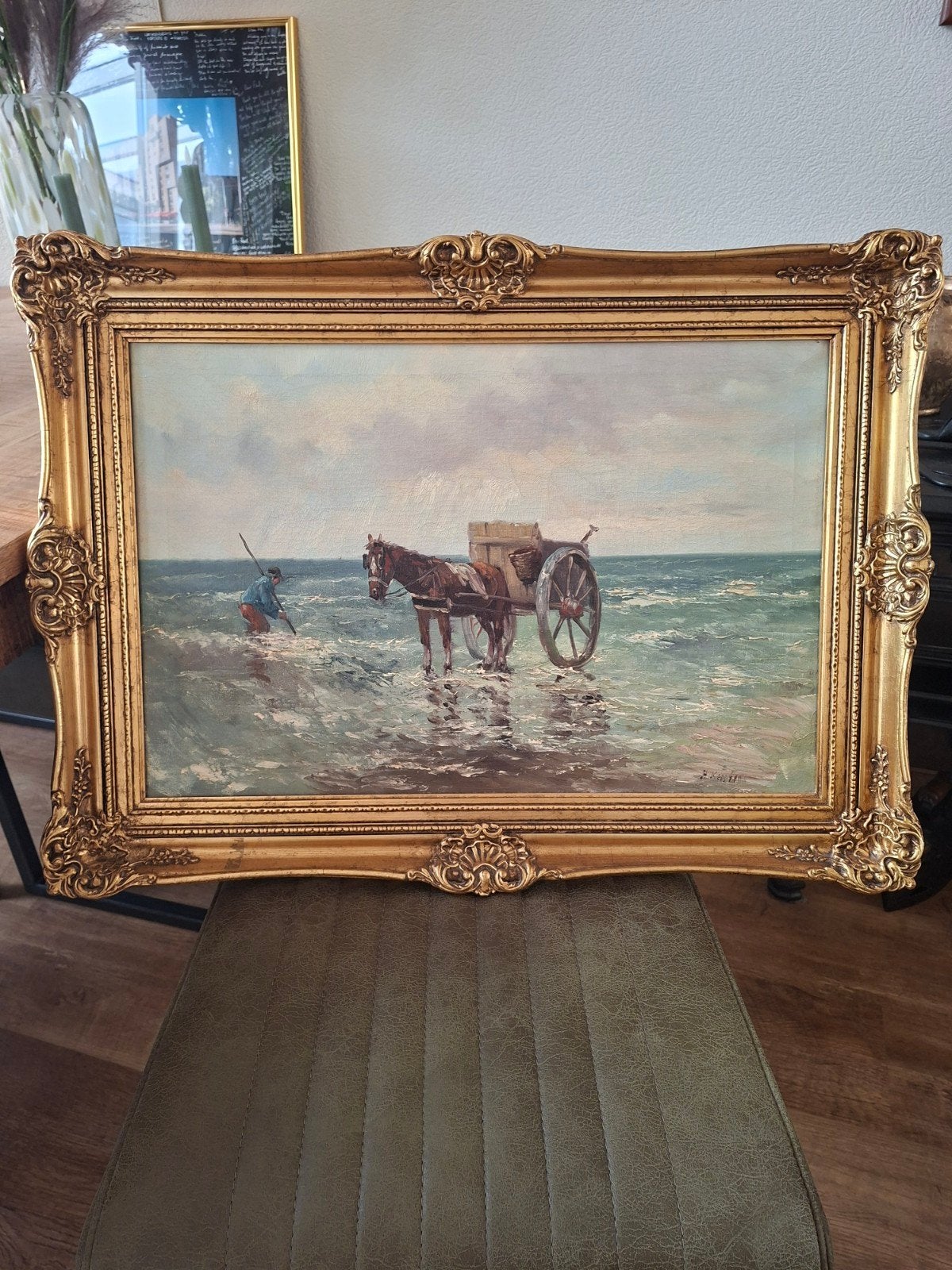 Klassiek schilderij: Visser met paard en kar in zee, Ophalen, Maritiem / water, Doek, Olieverf