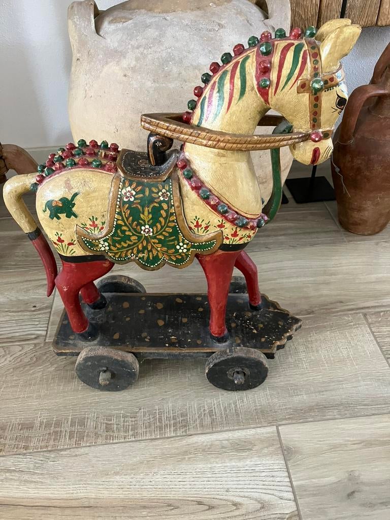 Uniek antiek houten paard op wielen uit India, Antiek en Kunst, Ophalen of Verzenden