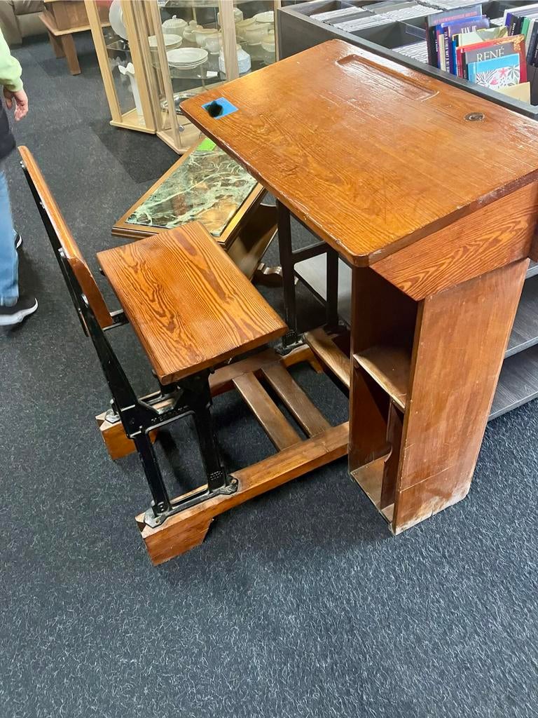 Antieke schoolbank met stoel - gietijzer en hout, Ophalen