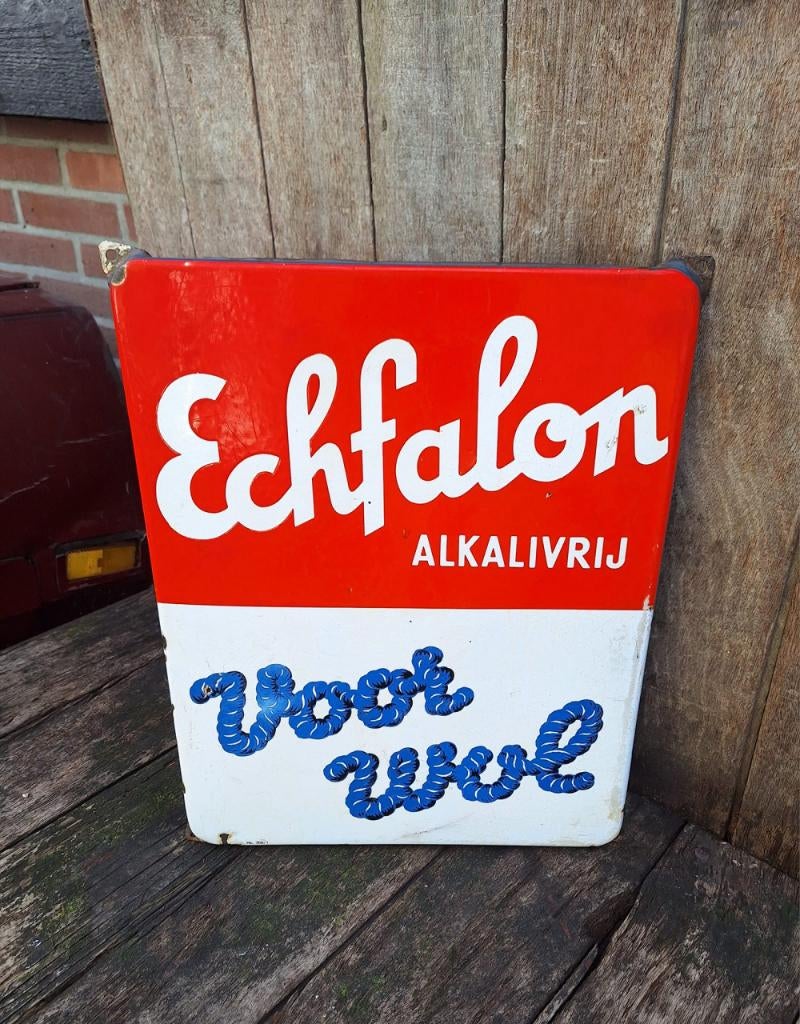 Mooi emaille bord van Echfalon Alkalivrij voor wol🧶, Verzamelen, Reclamebord, Gebruikt, ., Ophalen of Verzenden