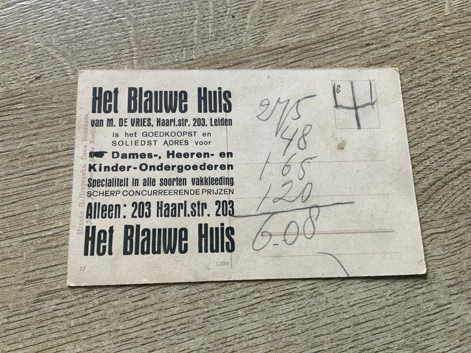 Oude reclamekaart 'Het Blauwe Huis' Leiden, Ophalen of Verzenden, 1920 tot 1940, Gelopen, Zuid-Holland