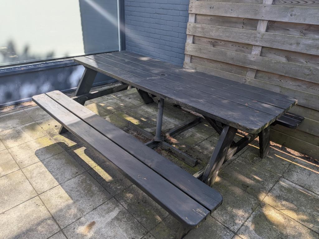 Zwart gebeitste picknicktafel - 2.10m x 1.70m, Ophalen, Zo goed als nieuw, Rechthoekig, Hout