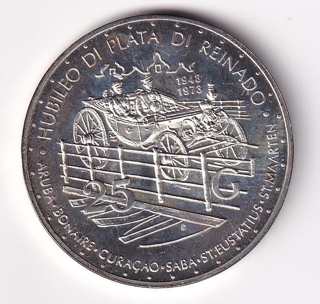 Nederlandse Ant. 25 Gulden 1973 Prachtig Muntkleuren Patina, Koningin Juliana, Verzenden, Zilver, Overige waardes