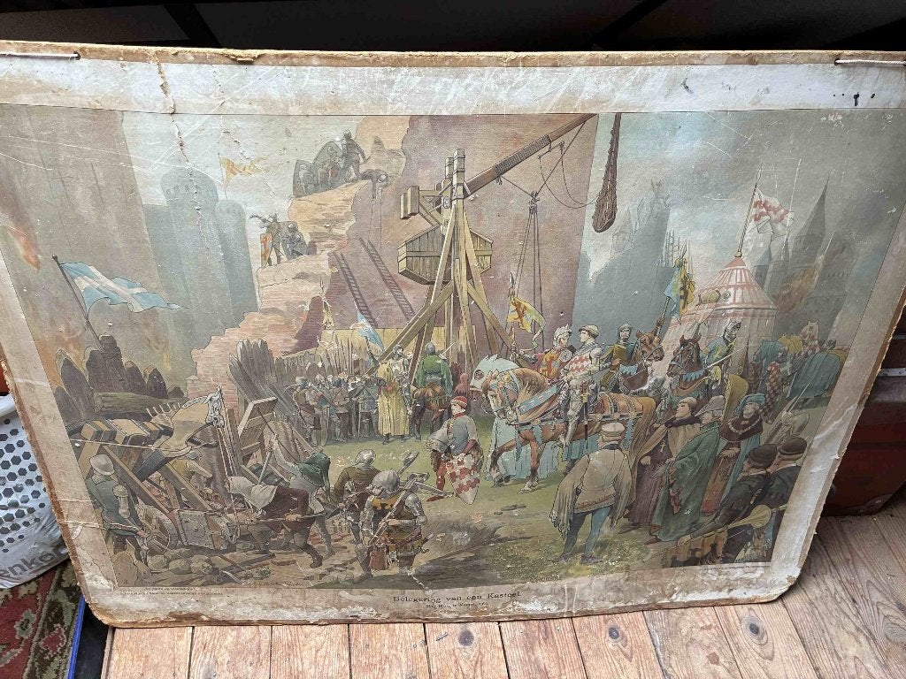 schoolplaat Belegering kasteel, Antiek en Kunst, Ophalen, Aardrijkskunde