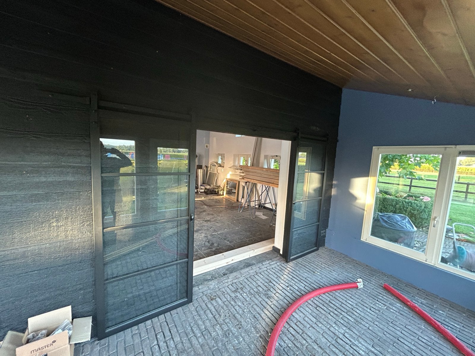 Zwarte houten schuifdeur met glas, Ophalen, Gebruikt, 120 cm of meer, Binnendeur