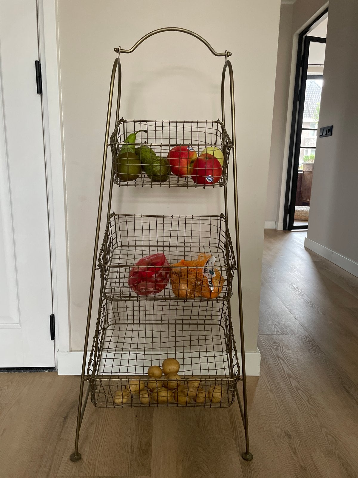 Metalen etagère met 3 manden - Goudkleurig, Ophalen, Overige typen, Zo goed als nieuw, Metaal