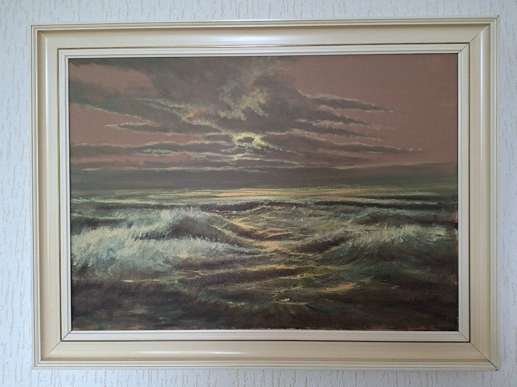vintage schilderij zeezicht met zonsondergang, Ophalen