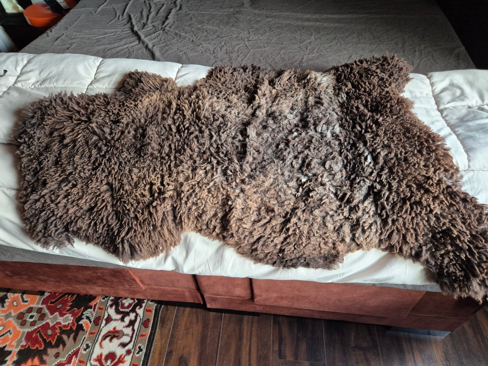 Donkerbruin schapenvacht, Ophalen of Verzenden, Gebruikt, Rechthoekig, 50 tot 100 cm