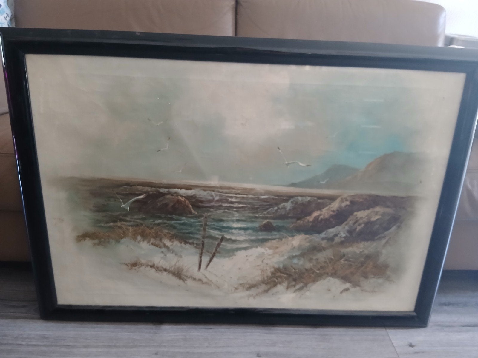 Groot Vintage Schilderij Zeegezicht - Gesigneerd door Sandle, Ophalen of Verzenden