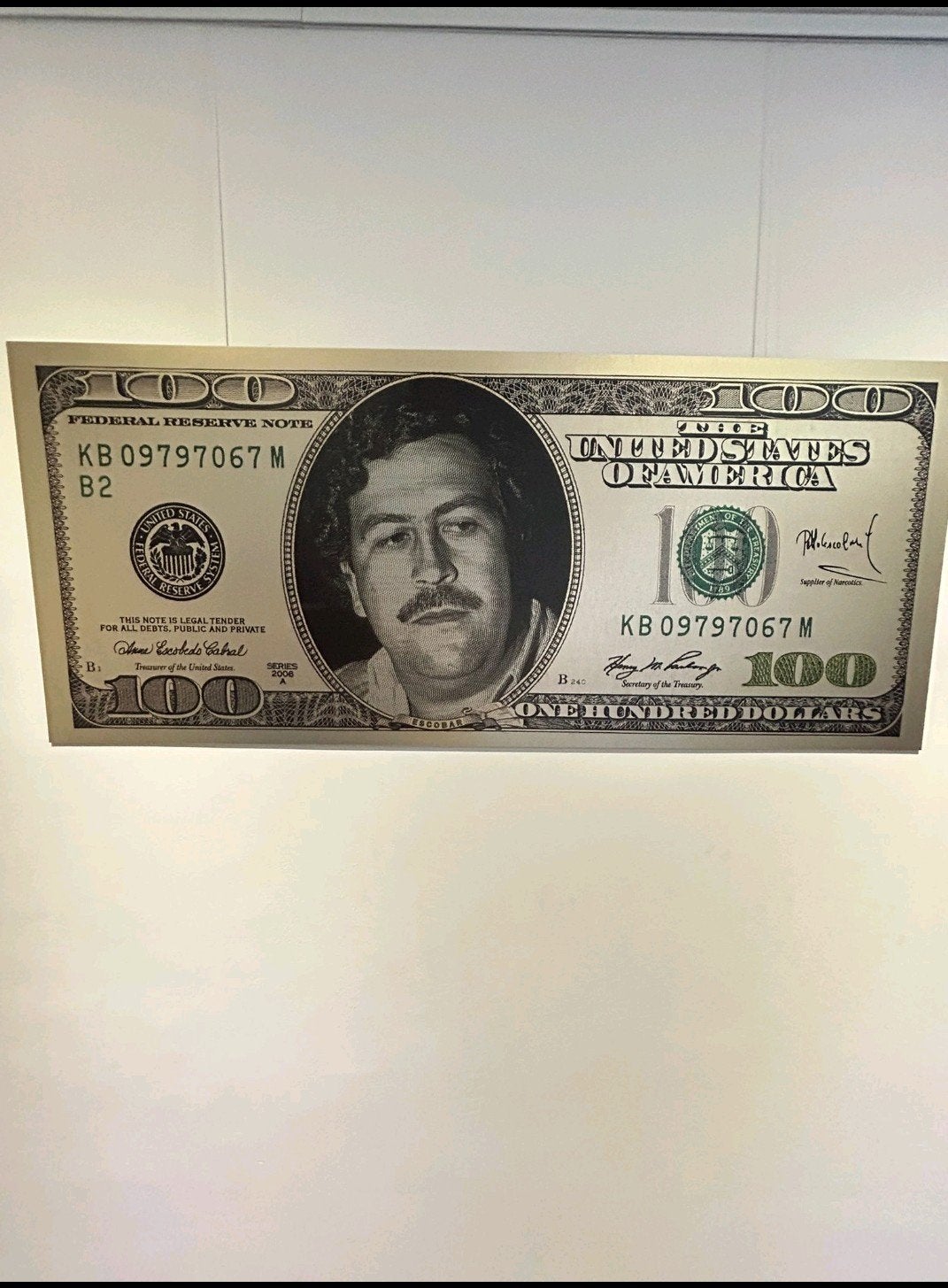 Uniek Pablo Escobar 100 Dollar Biljet Aluminium Plaat, Ophalen of Verzenden