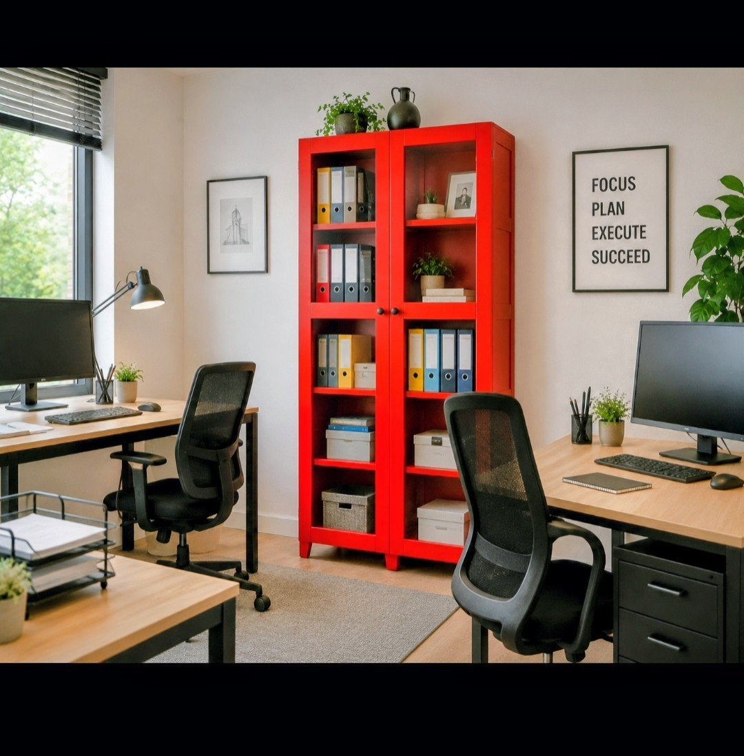 IKEA VITRINEKAST MET GLAZEN DEUREN – ROOD, Ophalen, 100 tot 150 cm, Modern, 50 tot 75 cm