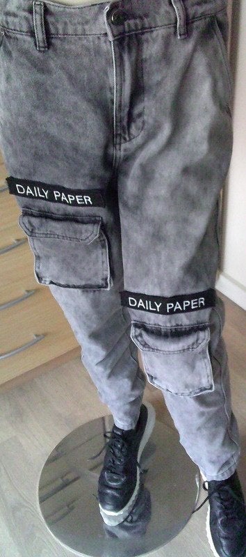 Daily PAPER grijze worker spijkerbroek met logo's maat M, Verzenden, Gedragen, Grijs, W30 - W32 (confectie 38/40)