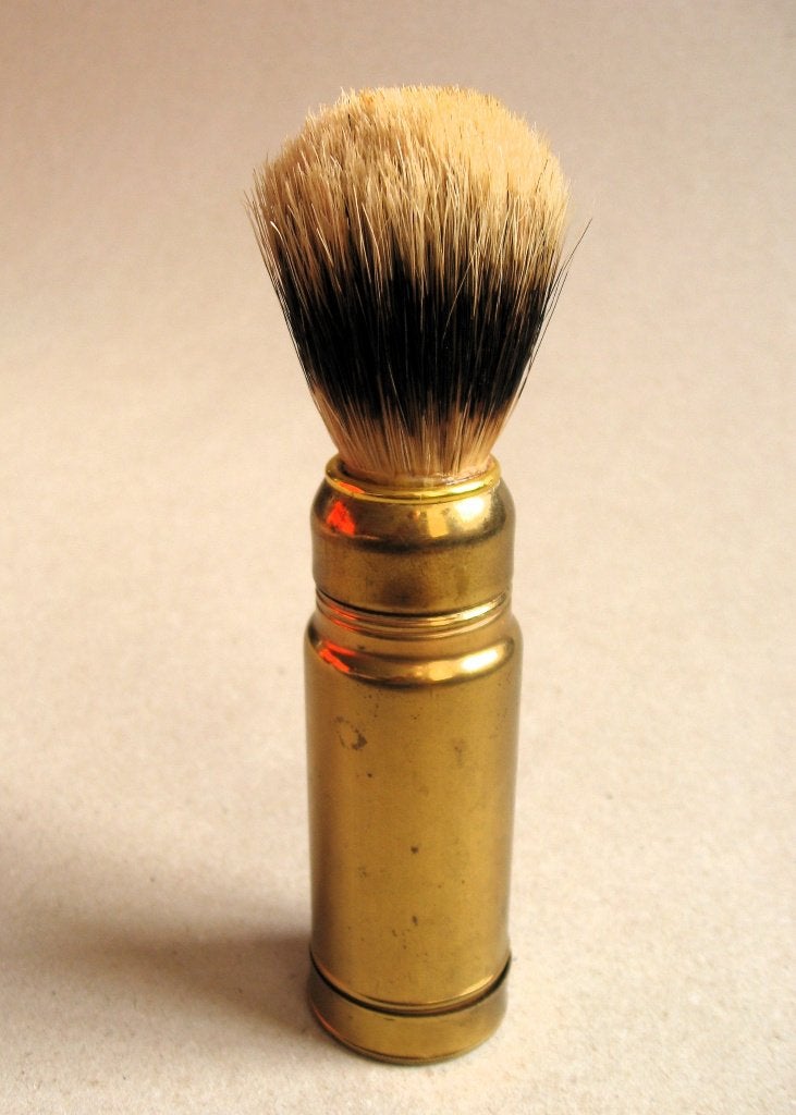 Vintage scheerkwast echt dassenhaar in messing reis koker, Ophalen of Verzenden