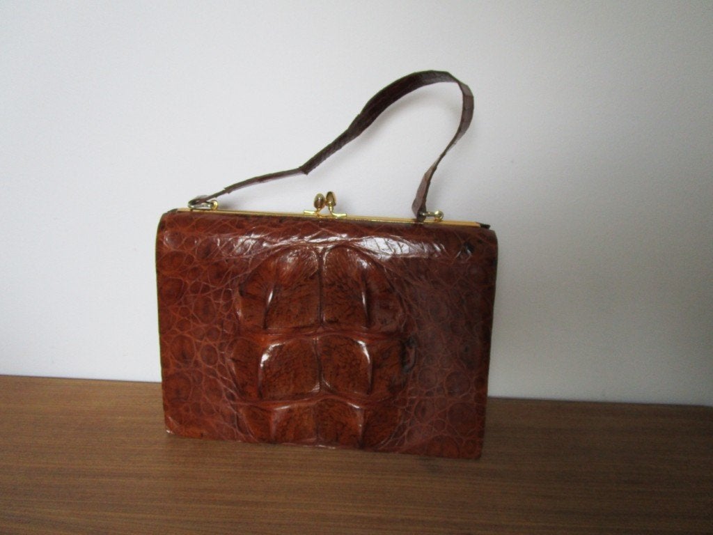 Nr.133: Vintage tas Handtas Krokodil Leder licht bruin, Ophalen of Verzenden, Zo goed als nieuw, Bruin, Handtas