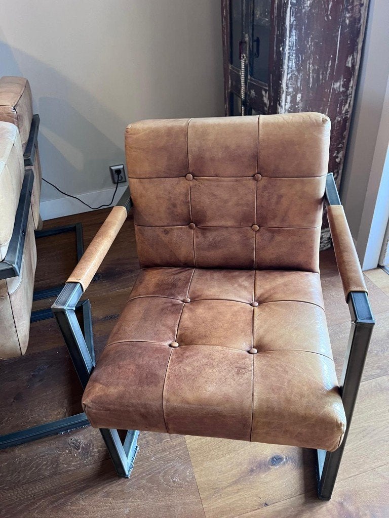 6 eetkamerstoelen staal en leer | merk Jenson, Ophalen, Gebruikt, Bruin, Leer