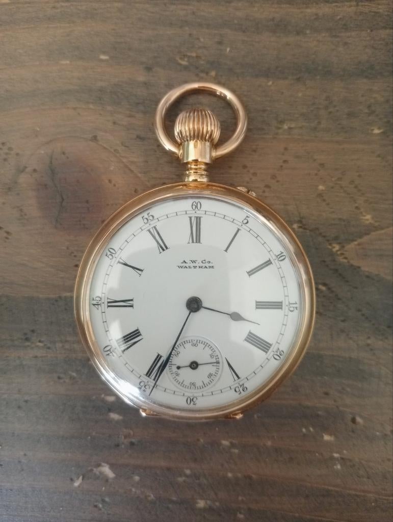 Antiek A.W. Co Waltham Zakhorloge - 18 karaat, Overige merken, Overige materialen, Zakhorloge, Verguld