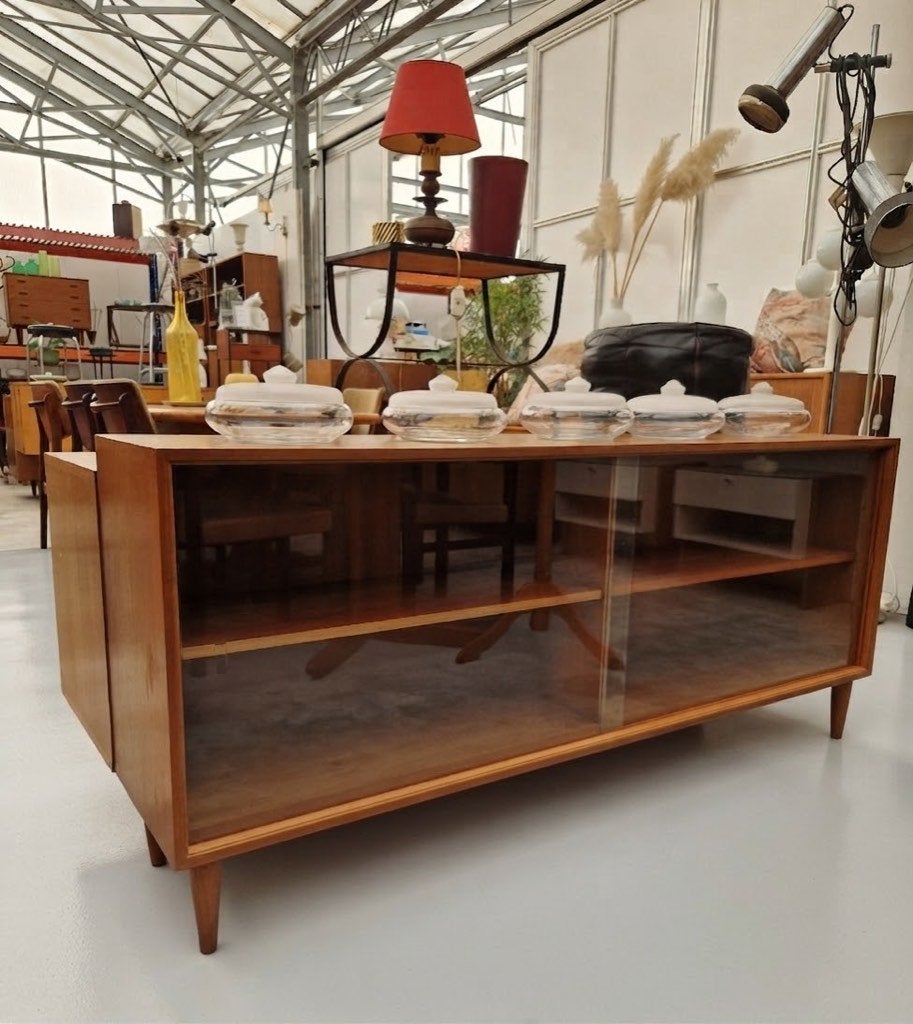 Vintage grote vitrinekast/dressoir, 160cm, ., 150 tot 200 cm, Ophalen of Verzenden, .