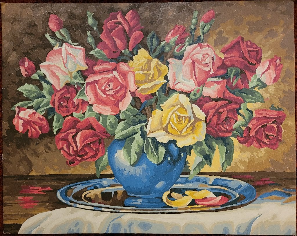 Rozen in vaas - Olieverf op board H 40 x B 50 cm., Antiek en Kunst, Kunst | Schilderijen | Klassiek, Bloemen, Acrylverf, Realistisch
