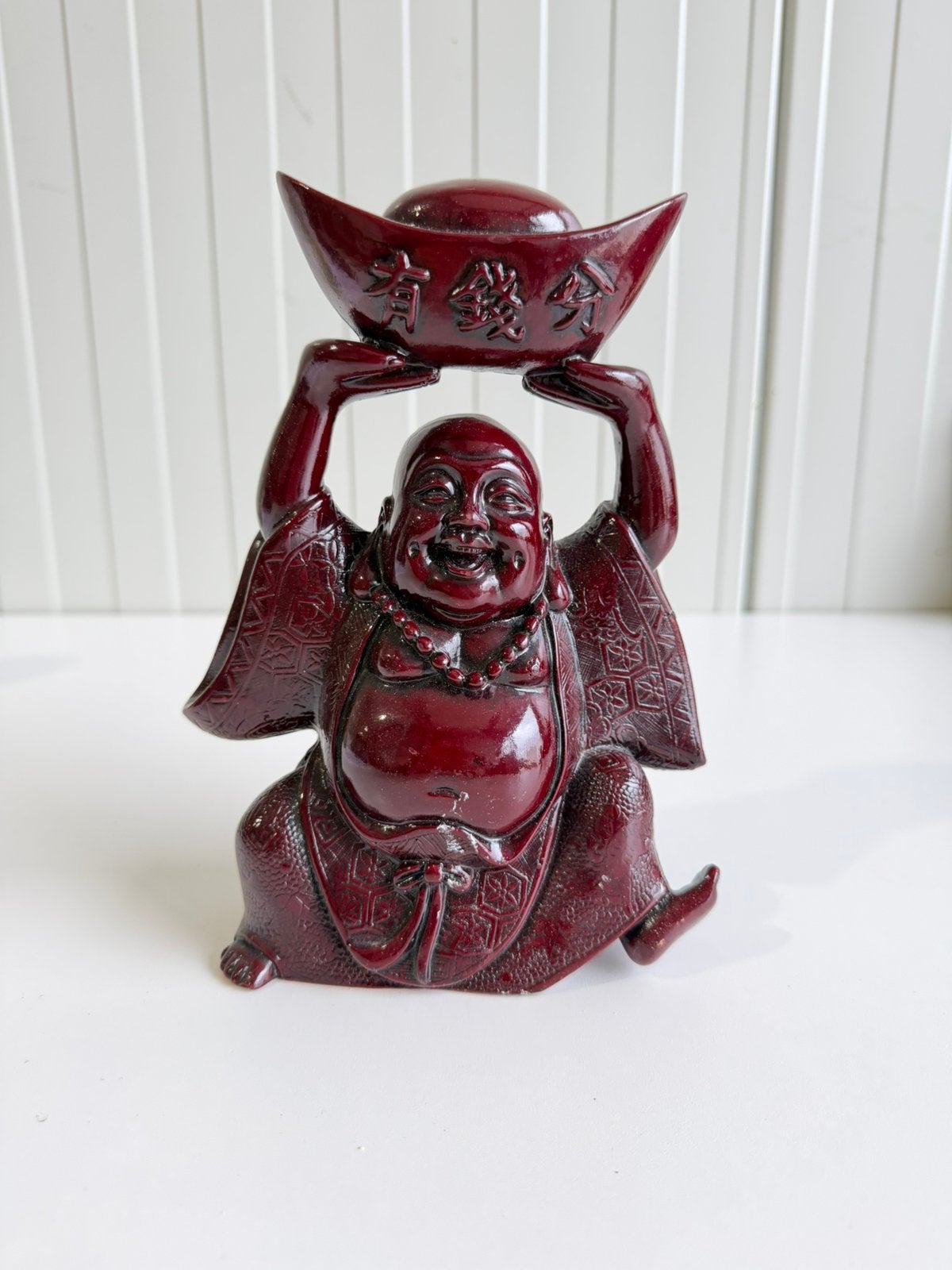Rode kunsthars Feng Shui lachende Boeddha beeld, Ophalen of Verzenden, Zo goed als nieuw