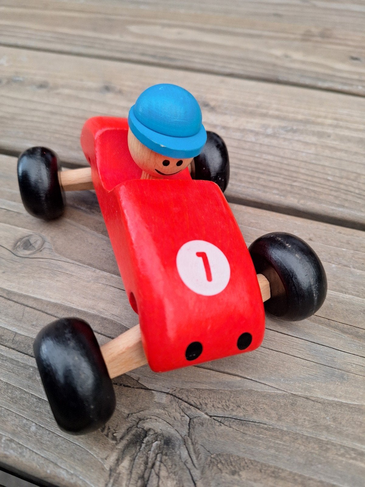 Houten Rode Raceauto met Coureur - Speelgoed, Kinderen en Baby's, Speelgoed | Houten speelgoed, Ophalen of Verzenden, Gebruikt