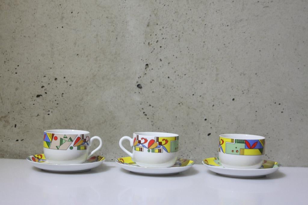 3 Memphis – Kop en schotel – Jarolina  – Douwe Egberts– 80’s, Huis en Inrichting, Keuken | Servies, Gebruikt, Ophalen of Verzenden