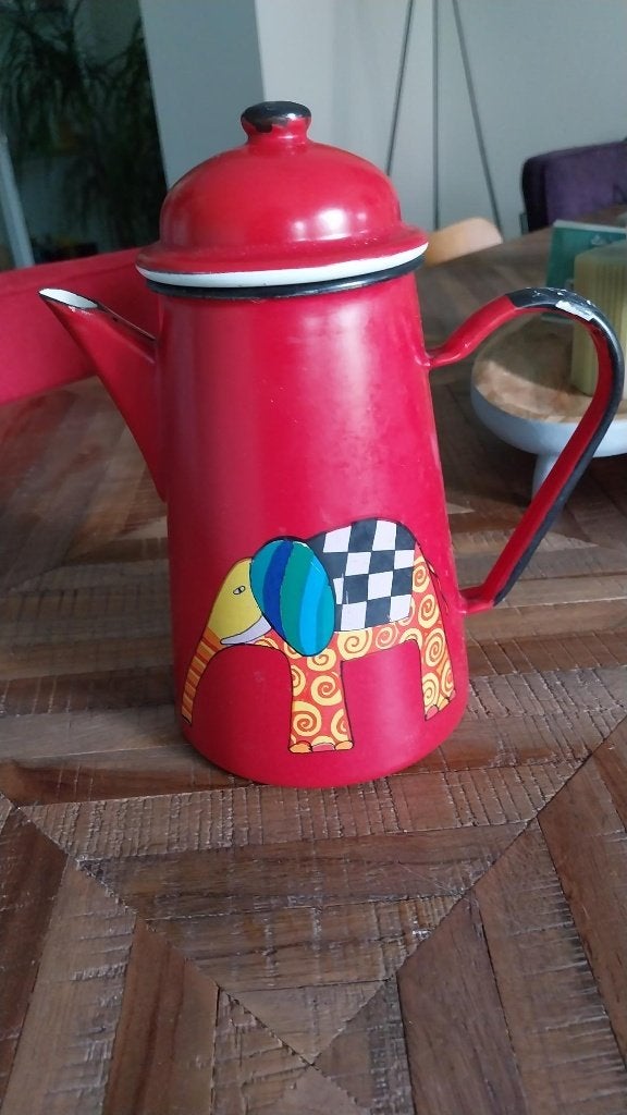 Vintage emaille koffiepot Smaltum rood met olifant, Ophalen of Verzenden