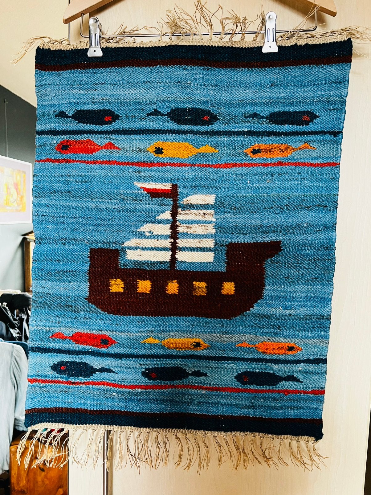 Vintage Scandinavisch Wandtapijt Vikingschip Haringen 60’s, Ophalen of Verzenden