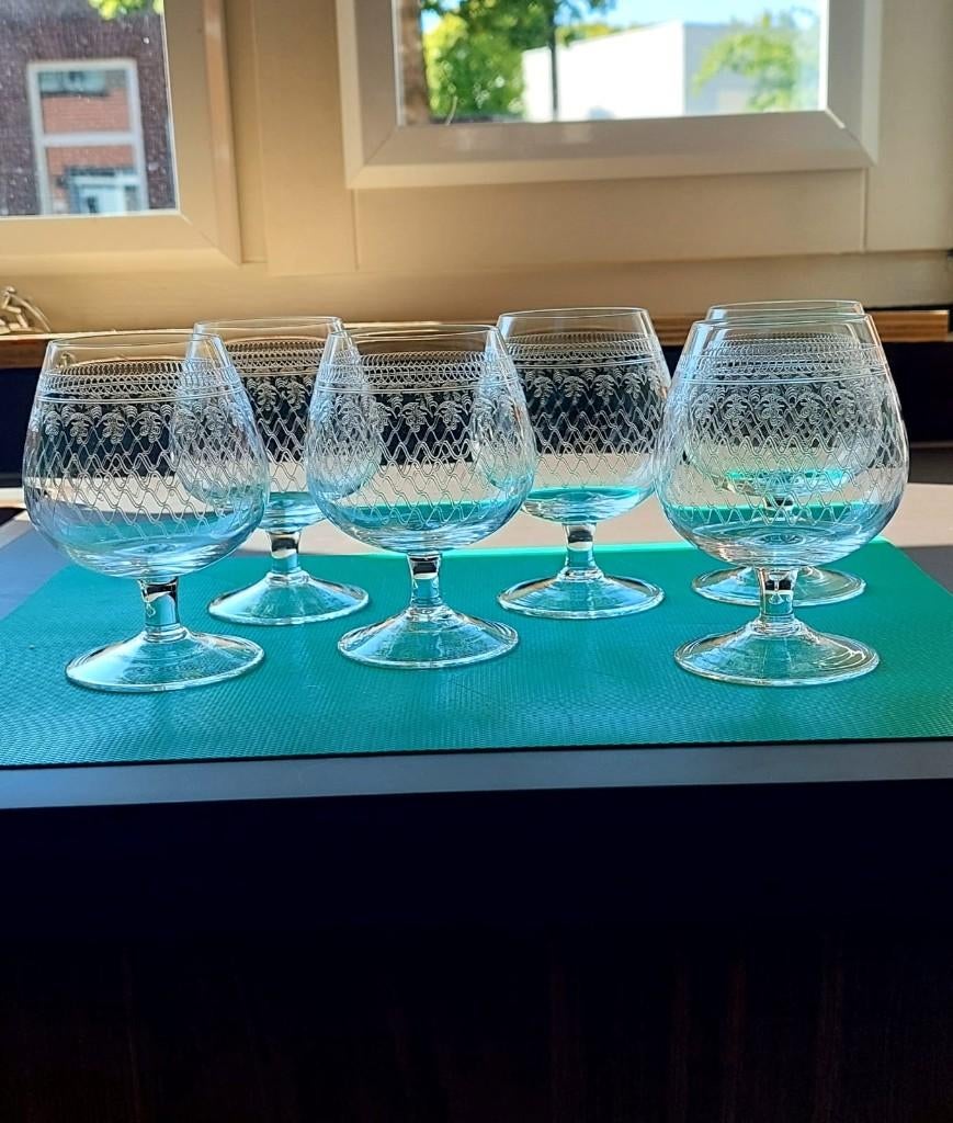 6 Top Vintage antieke glazen met gravuren kristal glas, Glas of Glazen, Eu, Eu, Ophalen of Verzenden