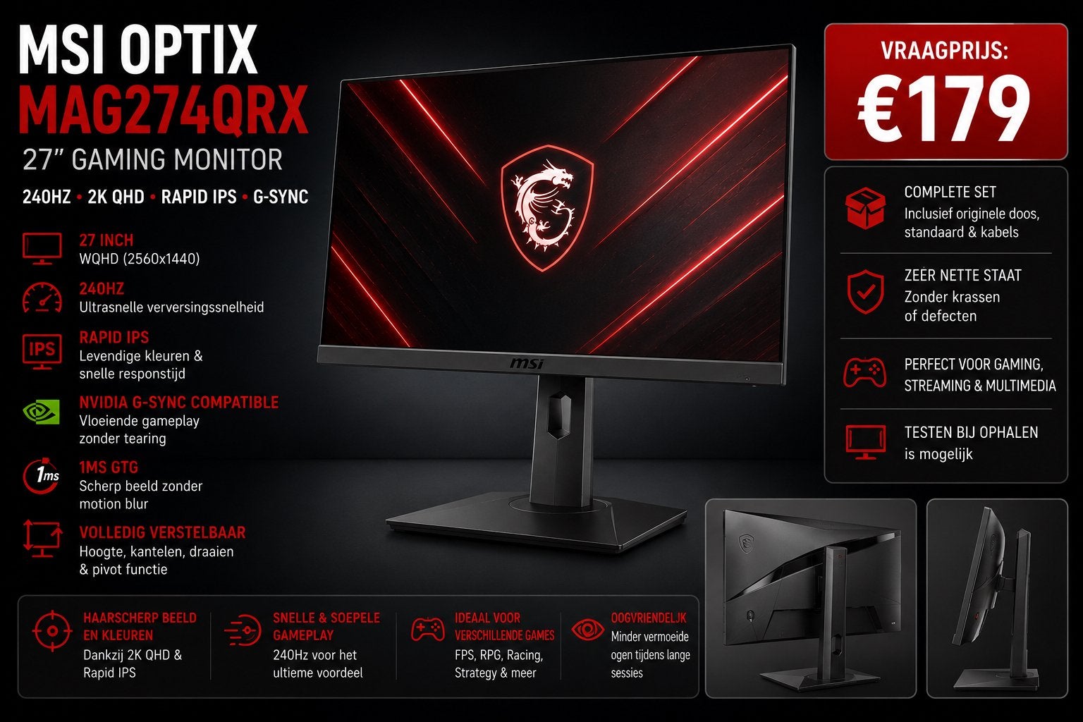 MSI Optix MAG274QRX 27” Gaming Monitor – 2K 240Hz Rapid IPS, GDDR6, PCI-Express 4, Ophalen of Verzenden, Zo goed als nieuw