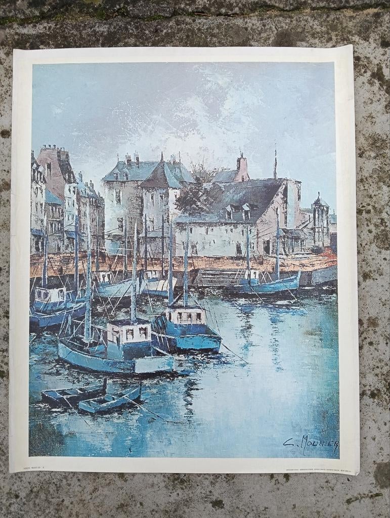 Vintage havengezicht schilderij van C. Mounier, Ophalen of Verzenden