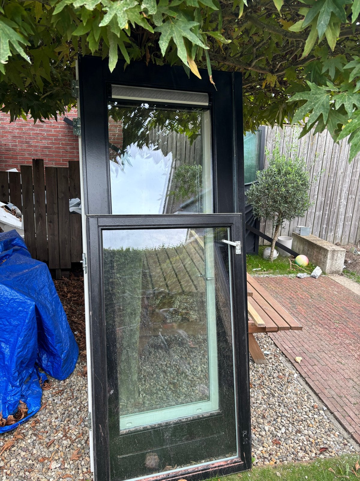 Mahonie Hardhouten Openslaande Deuren met Dubbel Glas, Doe-het-zelf en Verbouw, Gebruikt, 215 cm of meer, Buitendeur, Hout