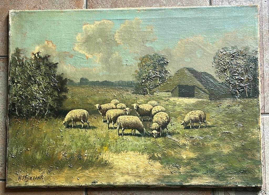 Olieverf schilderij “schaapskooi Texel” H.M. Gerink, Antiek en Kunst, Ophalen of Verzenden
