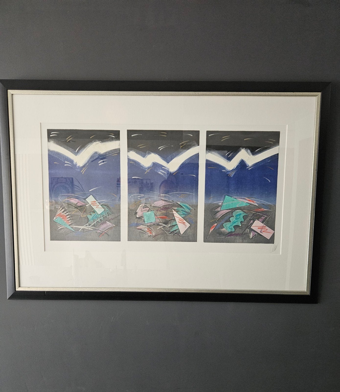 Prachtig Postmodern Drieluik in Lijst Handgesigneerd, Ophalen