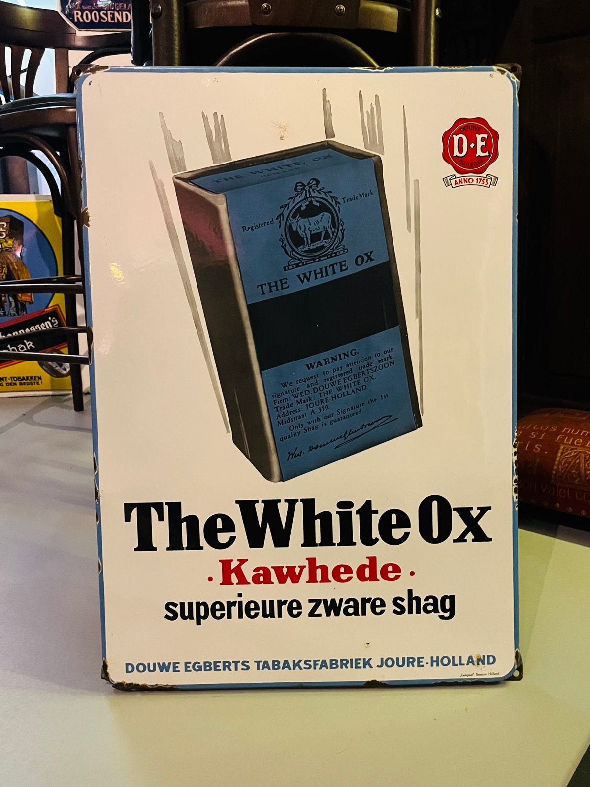 Emaille reclamebord Douwe Egberts The White Ox zware shag, Ophalen of Verzenden, Zo goed als nieuw, Reclamebord