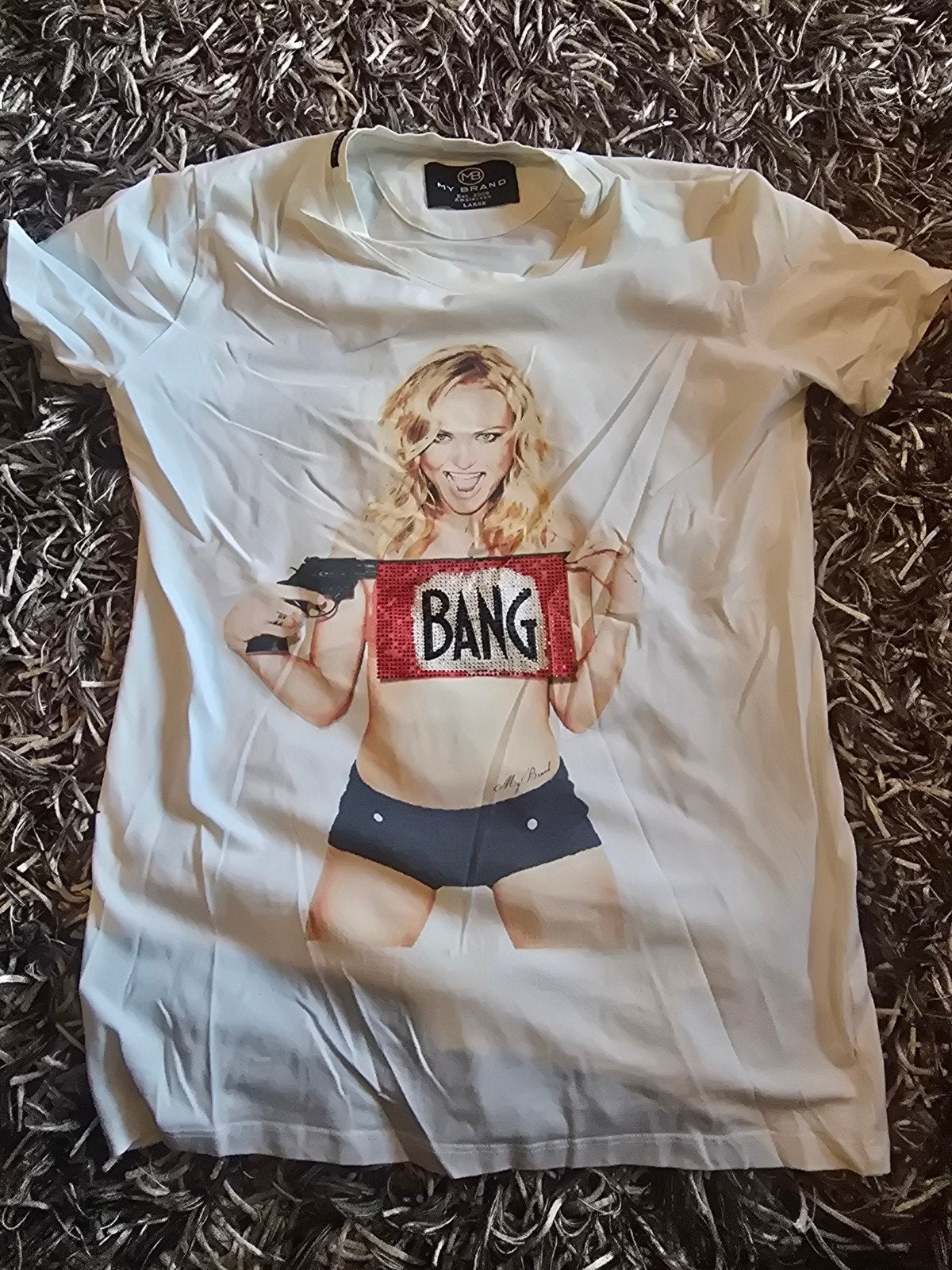 My Brand T-shirt met 'BANG' print en strass steentjes M/L DH, Maat 38/40 (M), Wit, My Brand, Ophalen of Verzenden
