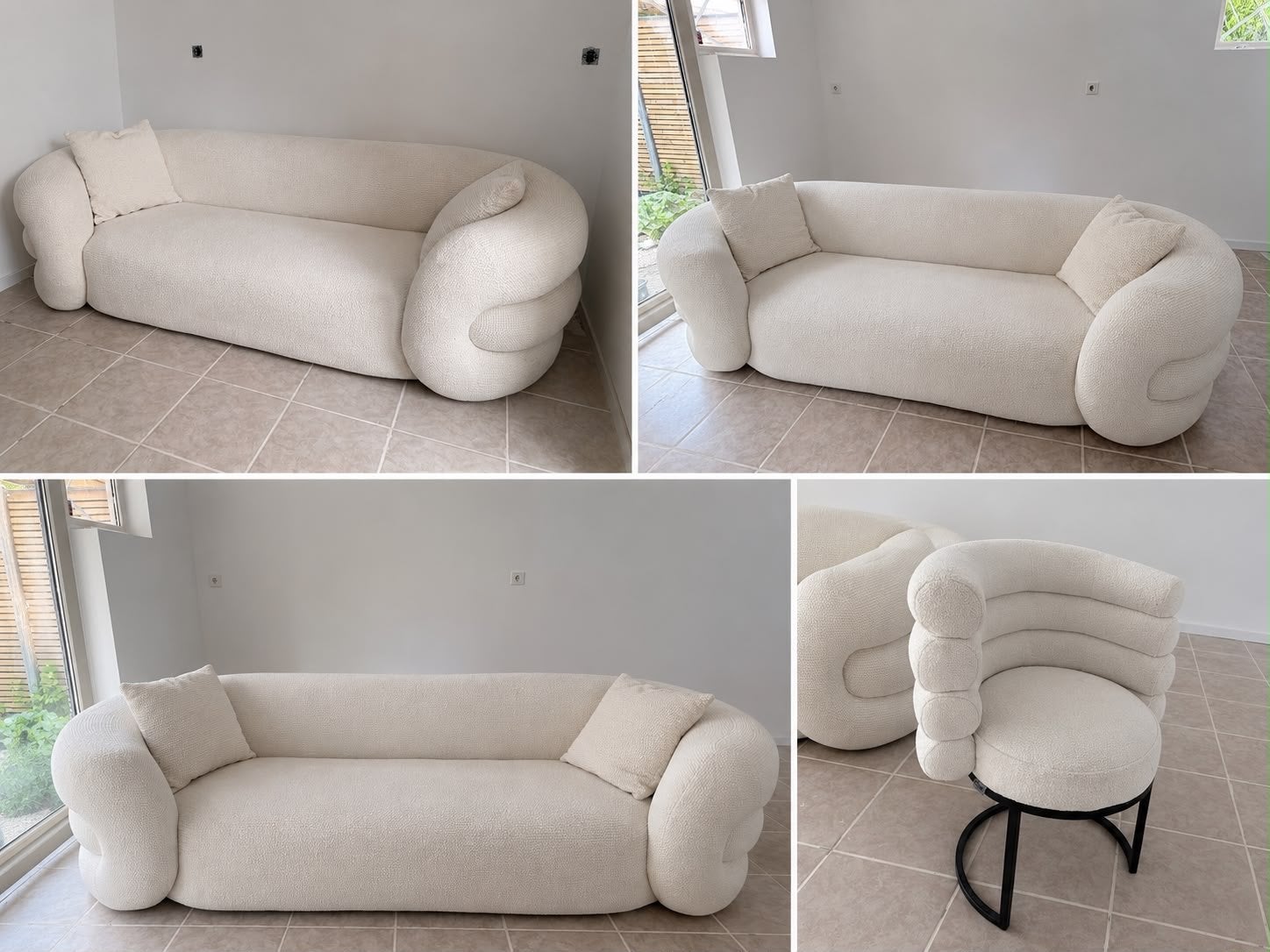 Twee moderne banken en 6 eetkamerstoelen Set - Crème, Ophalen, Driepersoons, 75 tot 100 cm, Zo goed als nieuw