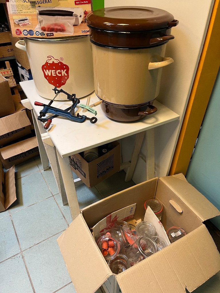 Weck inmaakketel en emaille pan met toebehoren, Ophalen, Overige materialen, Gebruikt, Met handvatten