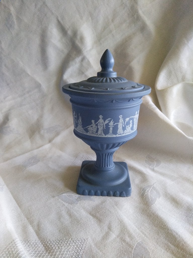 BOKAAL met deksel 17 cm hoog, glas, mat blauw overtrokken, Gebruikt, Blauw, Overige stijlen, Ophalen of Verzenden