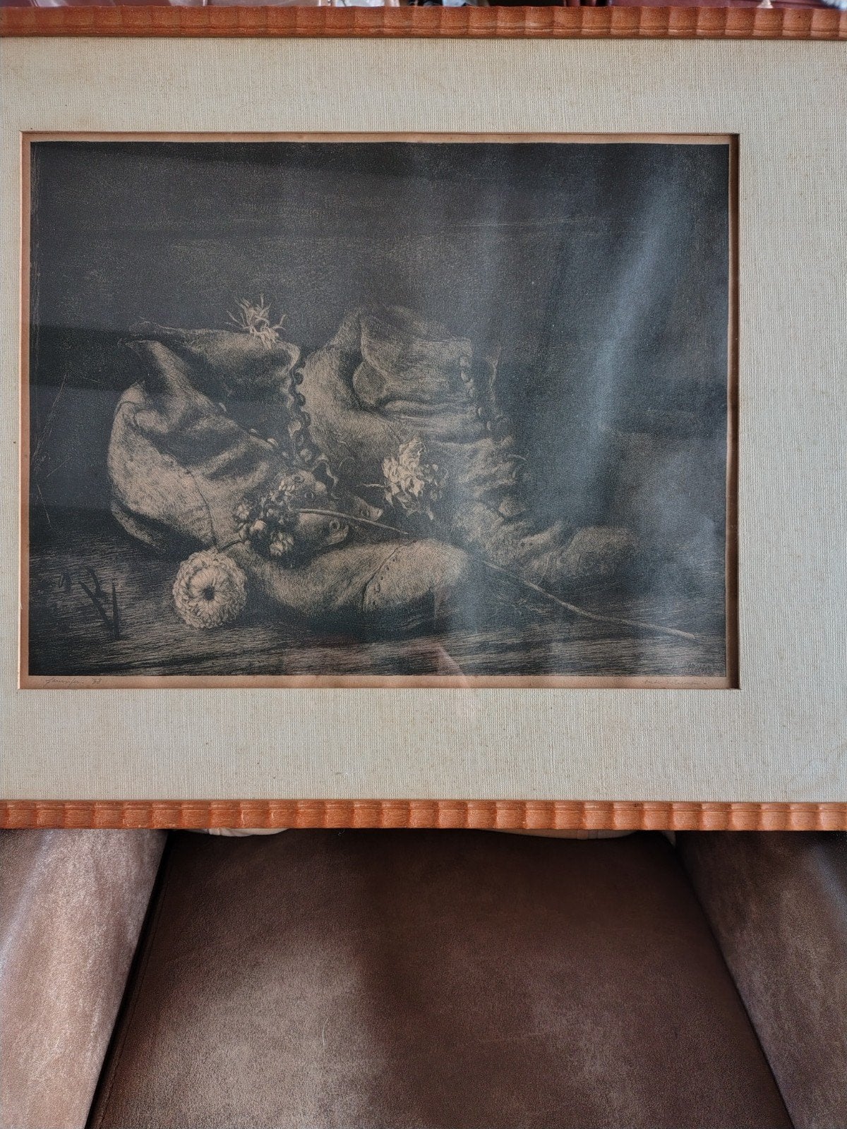 Jan Visser '38 oude schoenen- Ets, Dagelijks leven, Ets, Gesigneerd, Ophalen of Verzenden