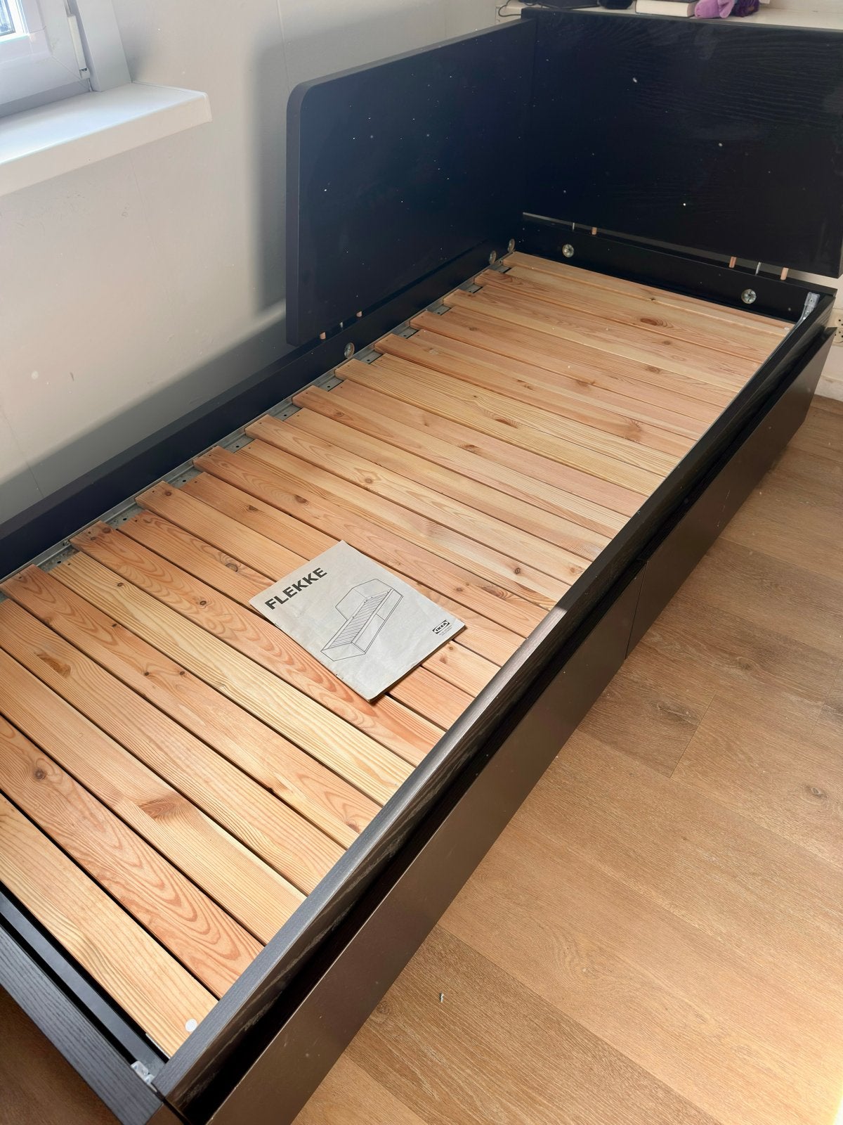 IKEA Flekke bedbank met opberglades incl matras - Zwart, Ophalen, Gebruikt, Zwart, Tweepersoons