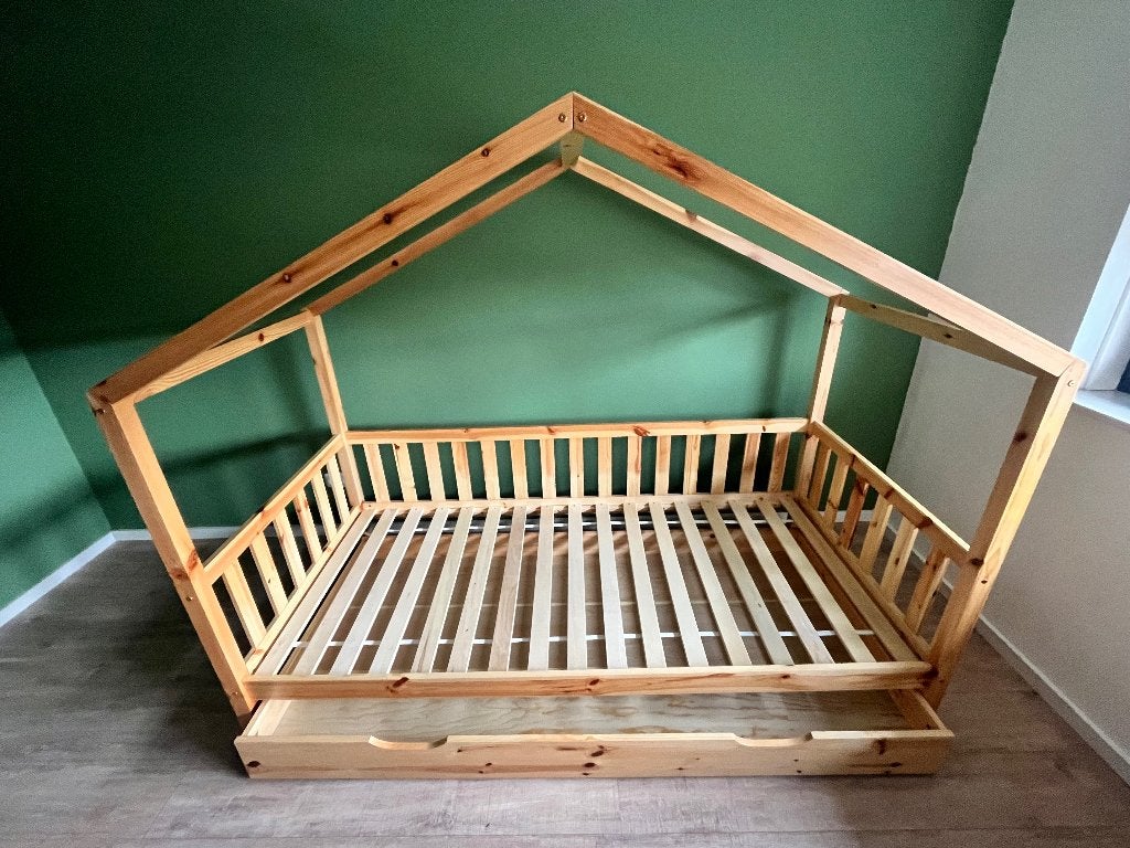 *~Bedhuis Dallas met hek & lade (grenen)*~, Ophalen, 90 cm, Eenpersoons, Bruin