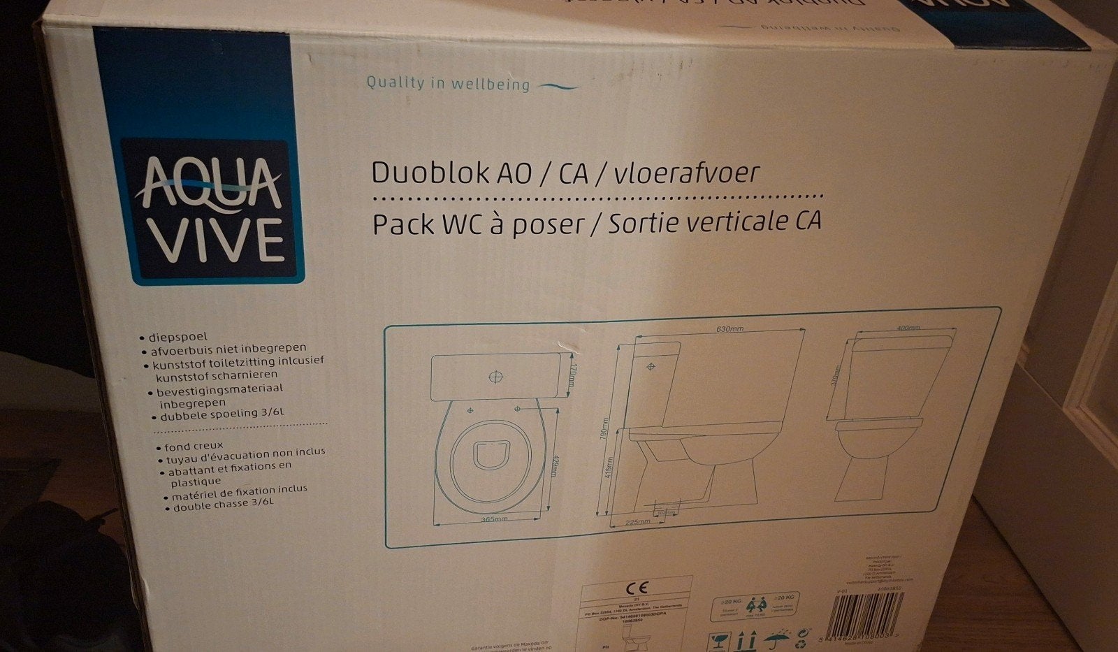Aqua Vive Duoblok AO/CA Vloerafvoer Toilet - Nieuw in doos, Doe-het-zelf en Verbouw, Sanitair, Ophalen, Nieuw, Toilet