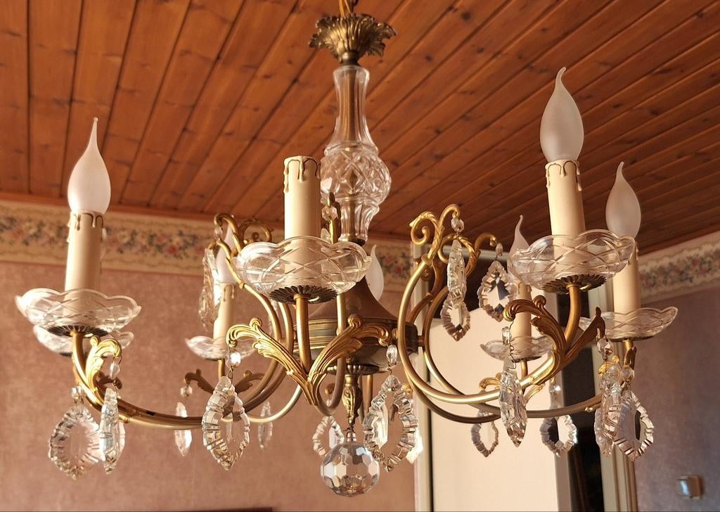 Antieke Franse koperen 9 arms kroonluchter, Antiek en Kunst, Antiek | Lampen, Ophalen