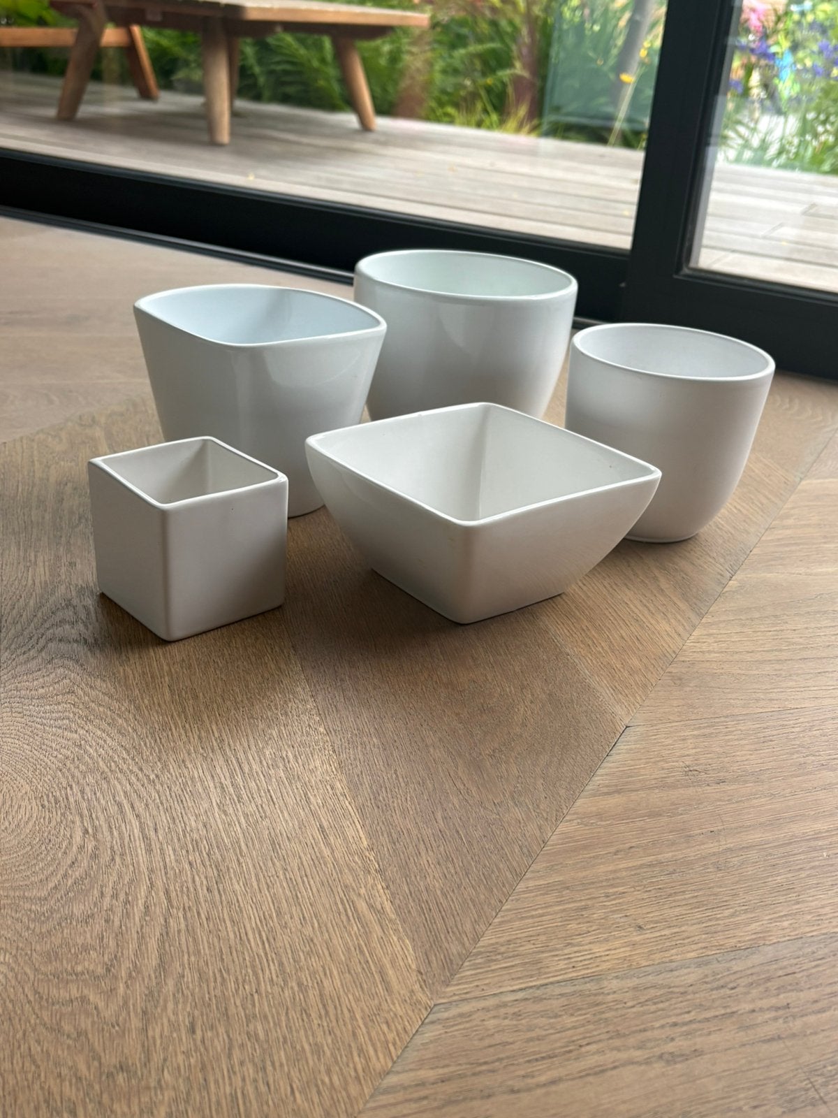 5x Witte potjes | planten | binnenpot | bloempot, Ophalen, Rond, Zo goed als nieuw, Aardewerk
