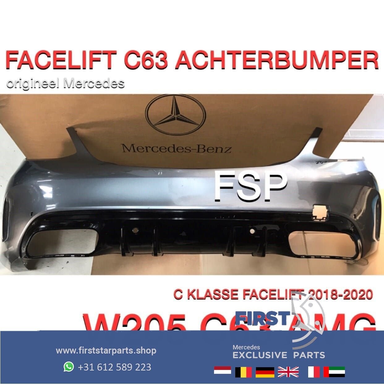 W205 C63 AMG FACELIFT ACHTERBUMPER + DIFFUSER ZWART ORIGINEE, -, -, Achter, Bumper