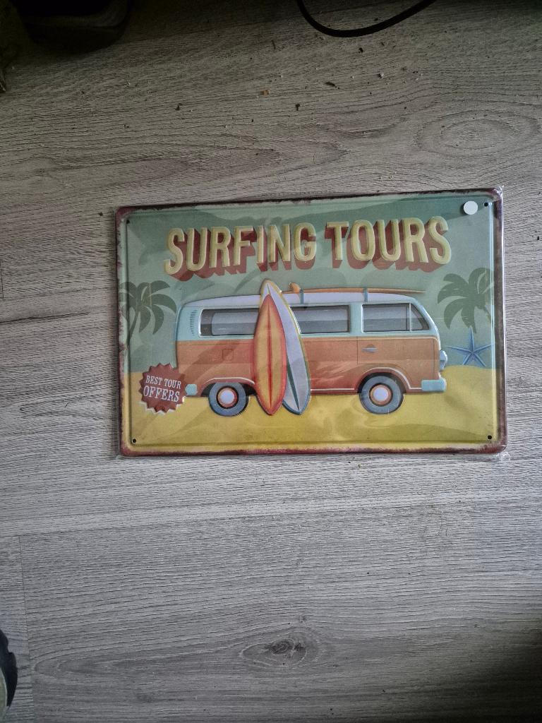 metalen wandbord surfing tours vw volkswagen bus, Ophalen of Verzenden