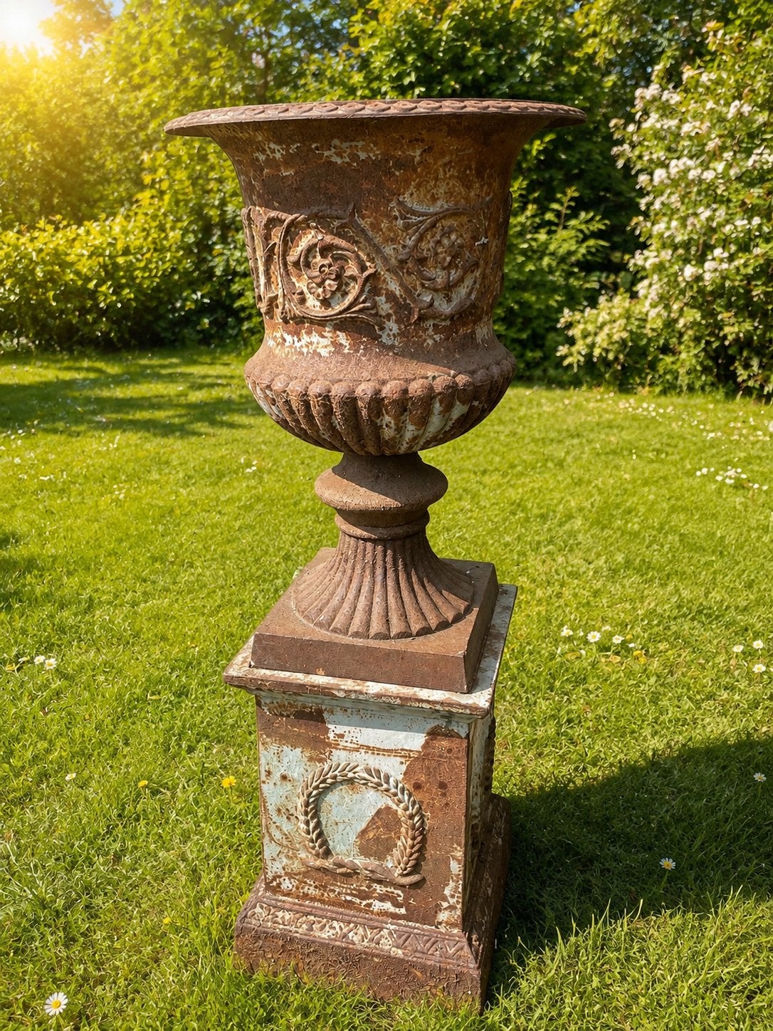 Grote antieke gietijzeren urn met originele vierkante sokkel, Tuin en Terras, Ophalen, Zo goed als nieuw